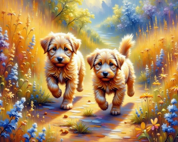 Fluffy Golden Puppies Playing in Sunlit Wildflower Path