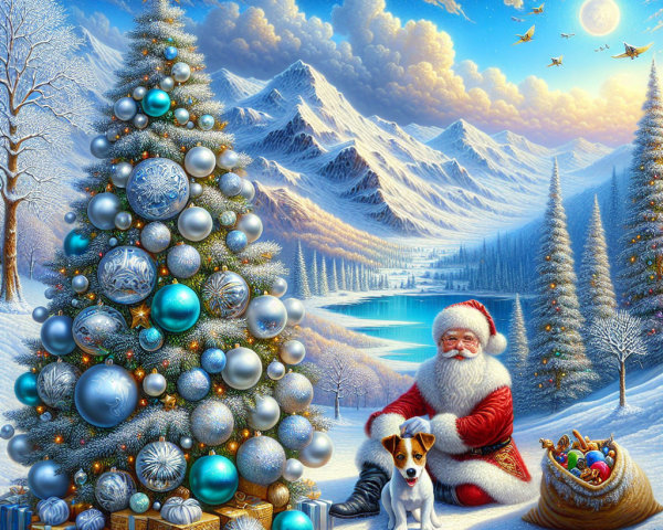 Cheerful Santa Claus with dog by decorated Christmas tree
