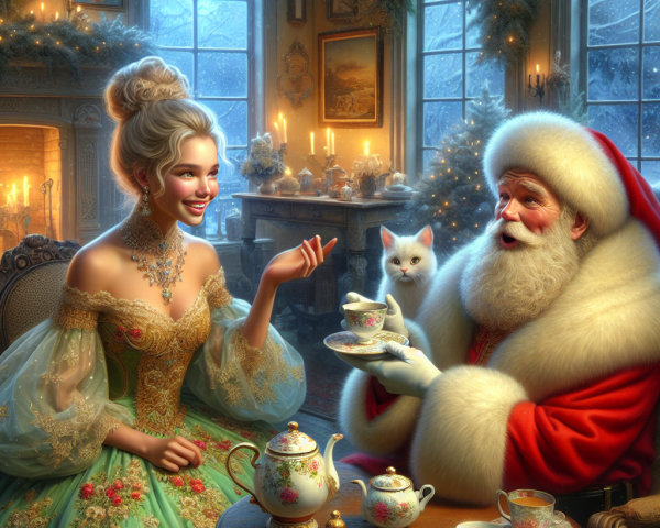 Festive Tea Party with Santa and Elegant Woman