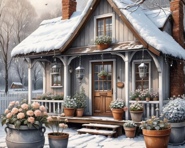 Winter Cottage in Snowy Landscape with Flowers