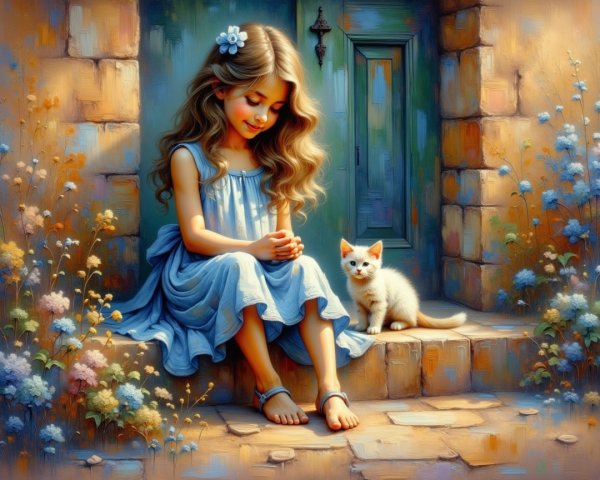 Young girl in blue dress with kitten on stone steps