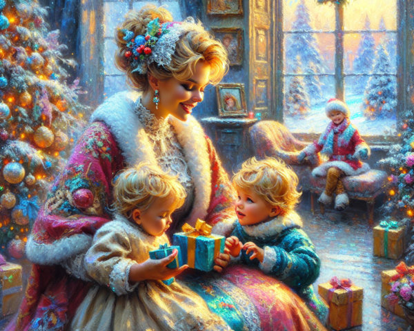 Oil Painting of Woman with Infants and Gift Box