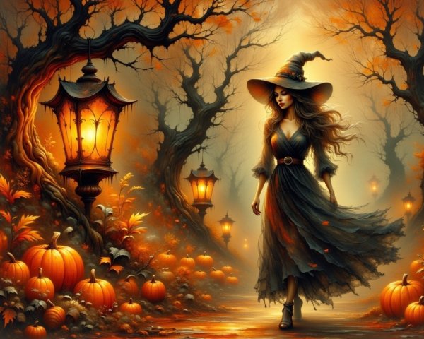 Witch Walking on Lantern-Lit Path with Pumpkins