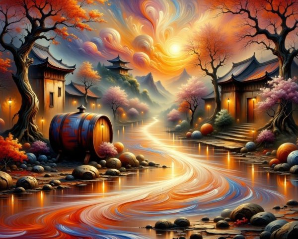Vibrant Sunset Landscape with Serene River and Village