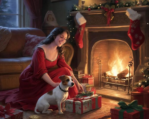 Woman in Medieval Gown by Fireplace with Dog and Gifts