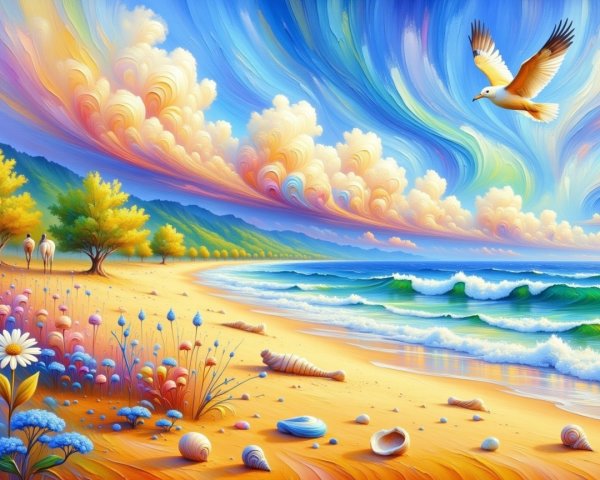 Vibrant Beach Scene with Golden Shoreline and Clouds