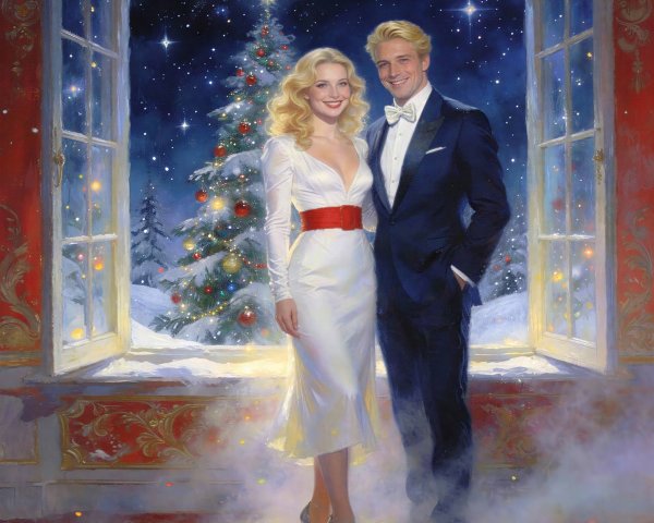 Christmas-Themed Painting of a Formal Couple Indoors