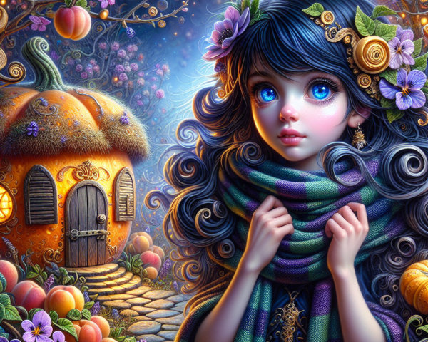 Whimsical Girl by Pumpkin-Shaped House in Autumn Setting