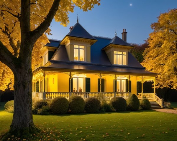 Historic House Surrounded by Autumn Foliage at Night