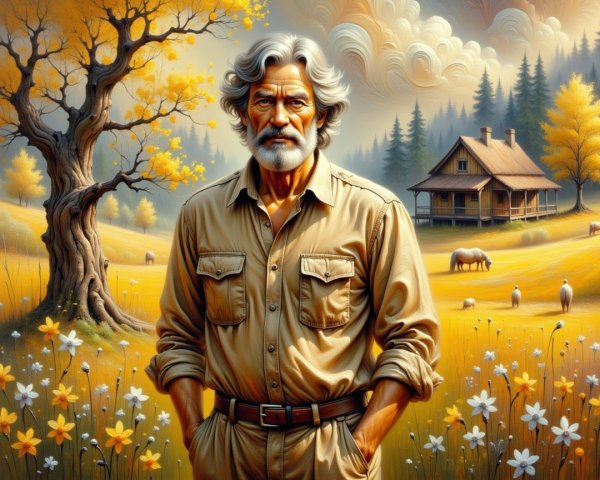 Autumn Landscape with Older Man and Rustic Cabin