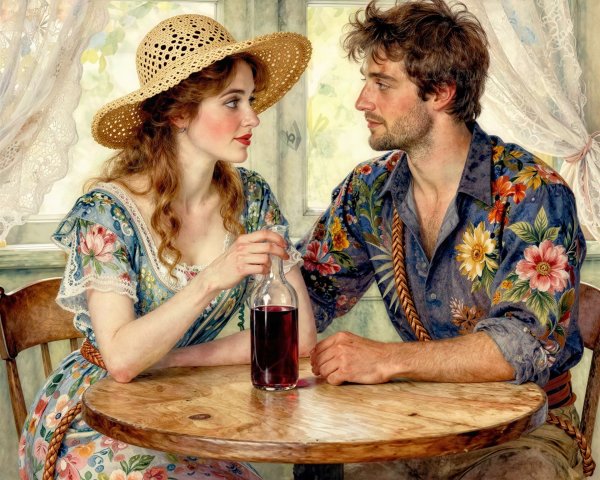 Watercolor Painting of Couple in Sun-Drenched Cottage