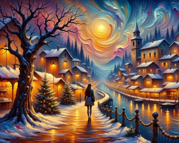 Winter Canal Scene with Quaint Houses and Trees
