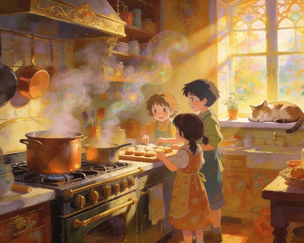 Dreamlike Kitchen Scene with Anime Children Cooking
