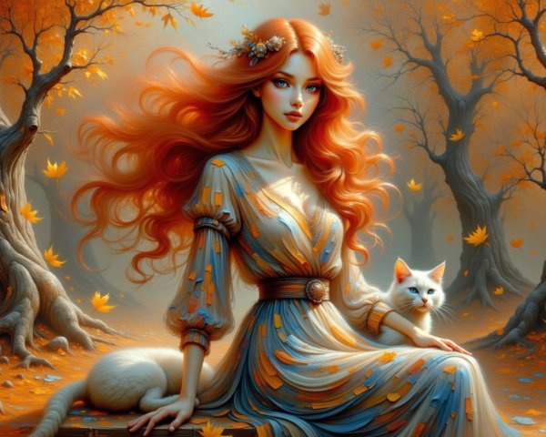 Young Woman in Autumn Forest with White Cat