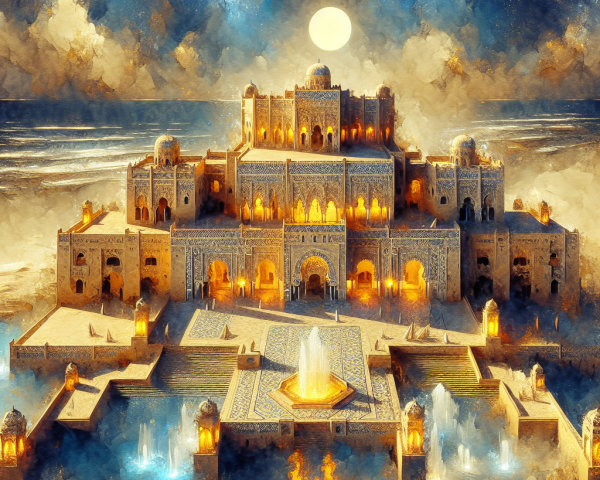 Majestic Palace Surrounded by Vibrant Landscape and Moonlight