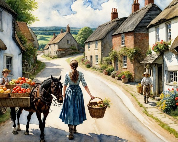 Picturesque Village with Cottages and Lush Greenery