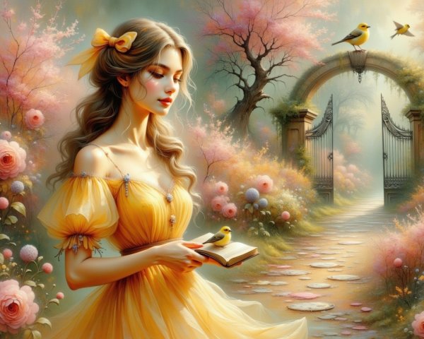 Serene Garden Scene with Woman in Yellow Dress