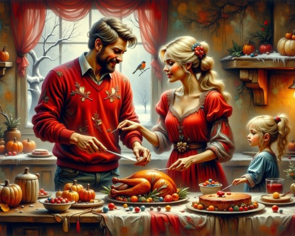 Cozy Kitchen Scene with Family Preparing Holiday Meal
