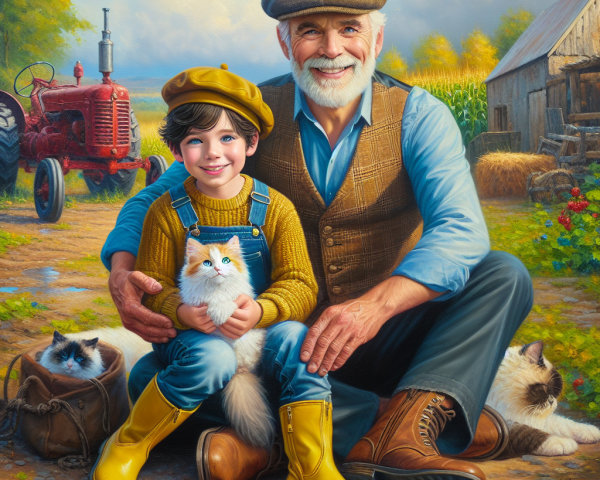 Grandfather and Grandson Enjoying Nature with Kittens