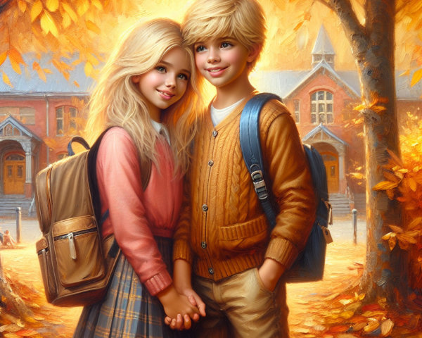 Cheerful Children in Autumn Attire with Backpacks