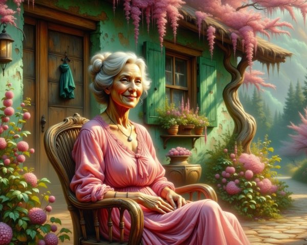 Elderly Woman in Pink Dress by Quaint Cottage Garden
