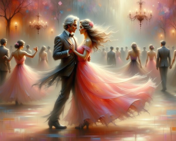 Elegant Ballroom Couples Dancing Under Chandeliers