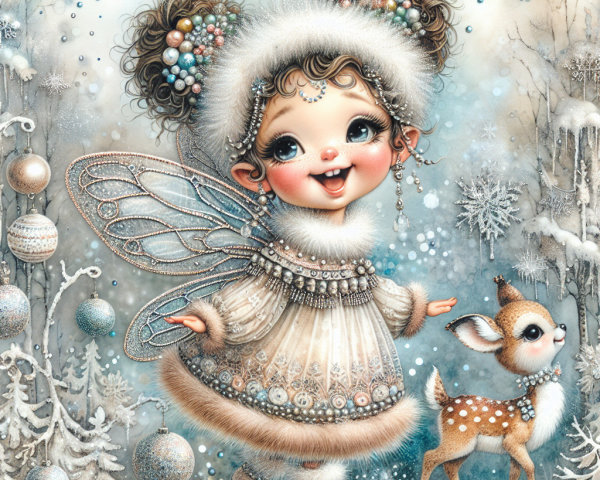 Whimsical Winter Scene with Fairy Girl and Fawn