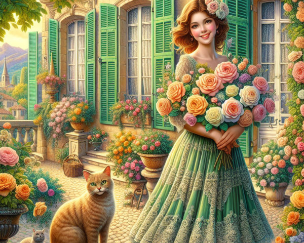 Young Woman with Bouquet in Picturesque Garden