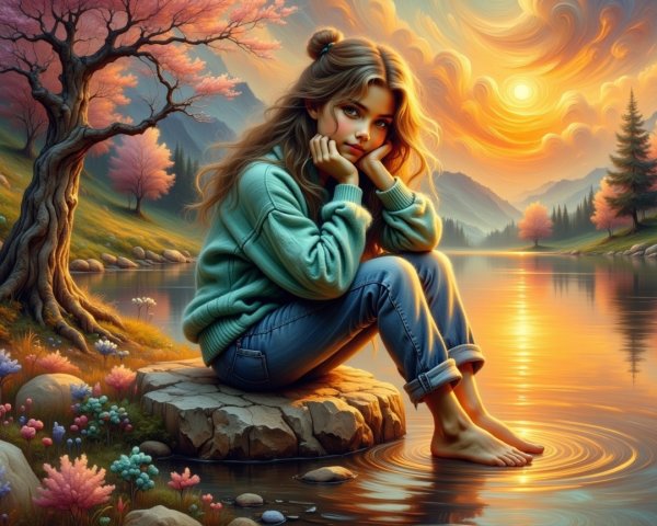 Young Girl by Tranquil Lake at Sunset