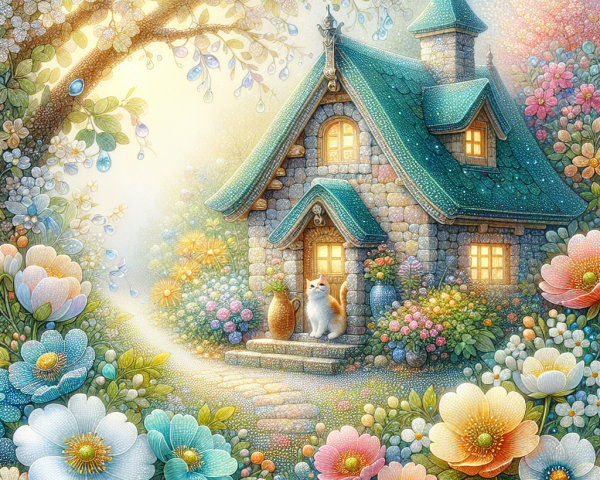 Whimsical cottage with stone exterior in vibrant garden