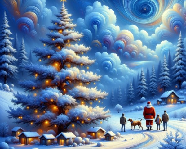 Winter Landscape with Christmas Tree and Festive Scene