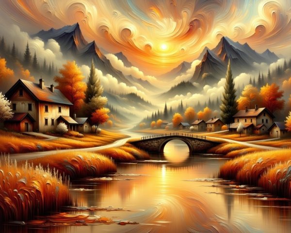 Serene Autumn Landscape with Mountains and River