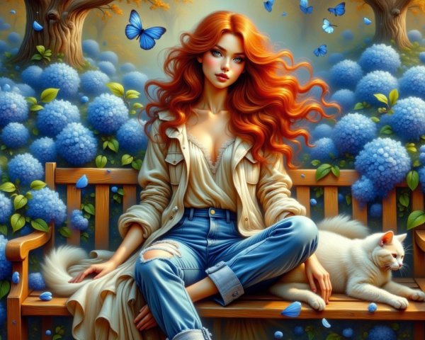 Serene garden scene with a woman and hydrangeas