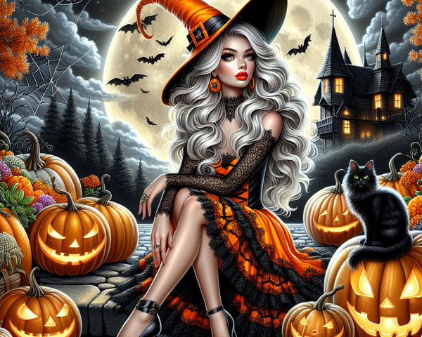 Witch on Cobblestone Path with Pumpkins and Moonlight