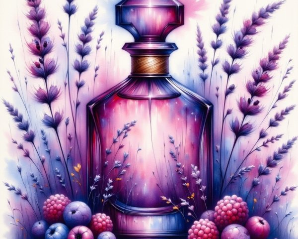 Elegant Perfume Bottle Surrounded by Lavender and Berries