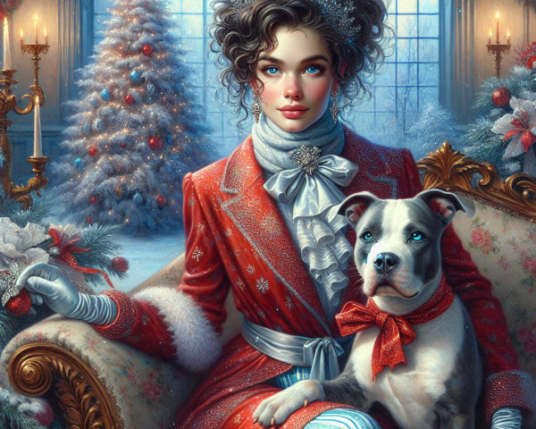 Glamorous Woman on Vintage Sofa with Christmas Decor