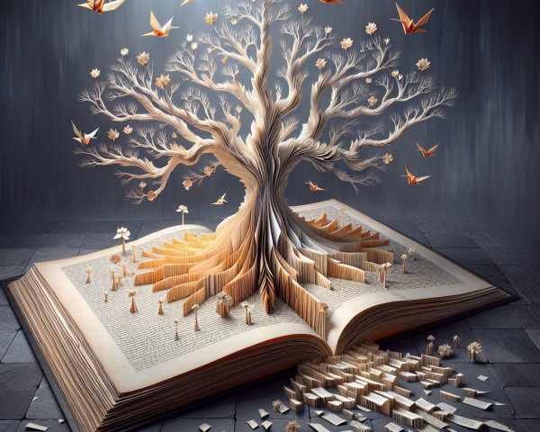 Intricately Carved Book with Paper Tree and Birds