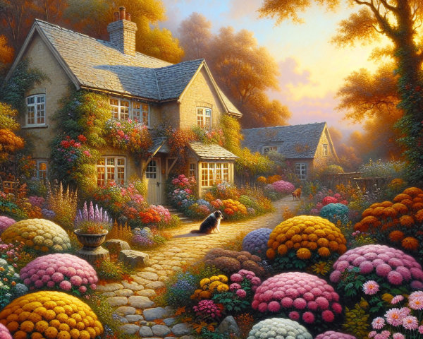 Charming Cottage Amidst Vibrant Flower Gardens