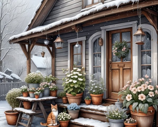 Wooden House in Snowy Landscape with Cozy Porch