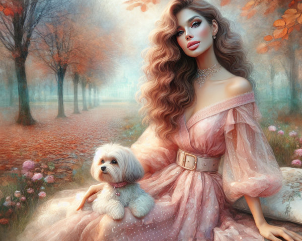 Autumn Scene with Woman in Pink Gown and Dog