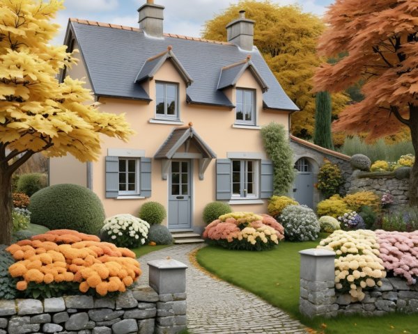 Charming Cottage Surrounded by Vibrant Autumn Garden