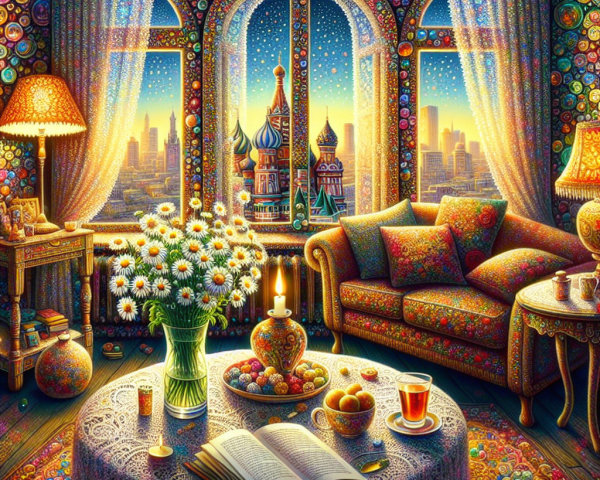 Vibrant Cozy Interior with City Skyline at Sunset