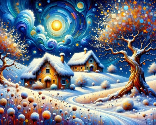 Winter Landscape with Cottages and Starry Sky