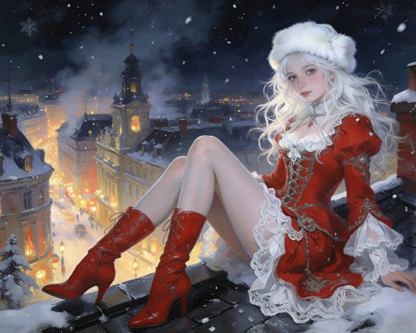 Digital Painting of Woman in Santa Costume on Rooftop