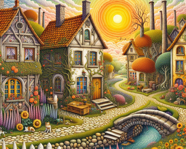 Charming Village Scene with Colorful Houses and Gardens