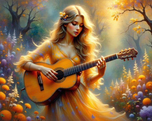 Young Woman Playing Guitar in Autumn Landscape