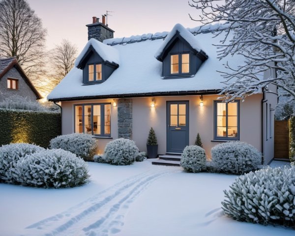 Cottage in Snowy Landscape with Warm Window Glow