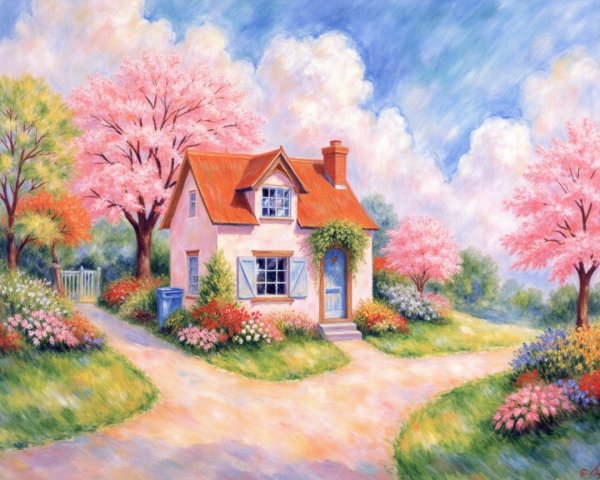 Charming Cottage Surrounded by Cherry Blossoms and Flowers
