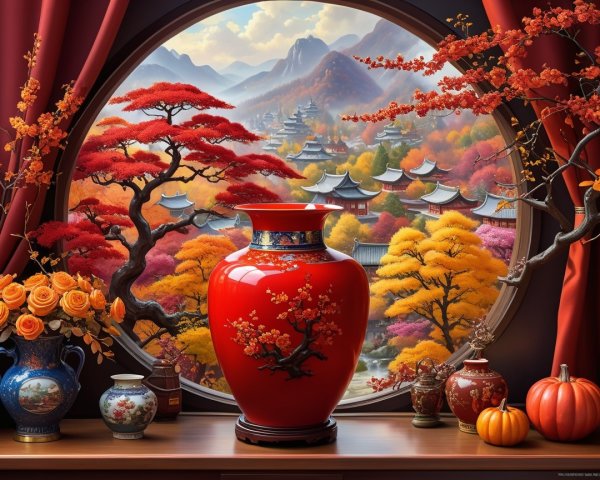 Circular Window View of Autumn Landscape and Decor