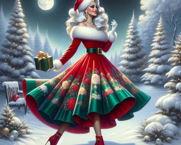 Glamorous Woman in Vintage Red Dress in Winter Scene